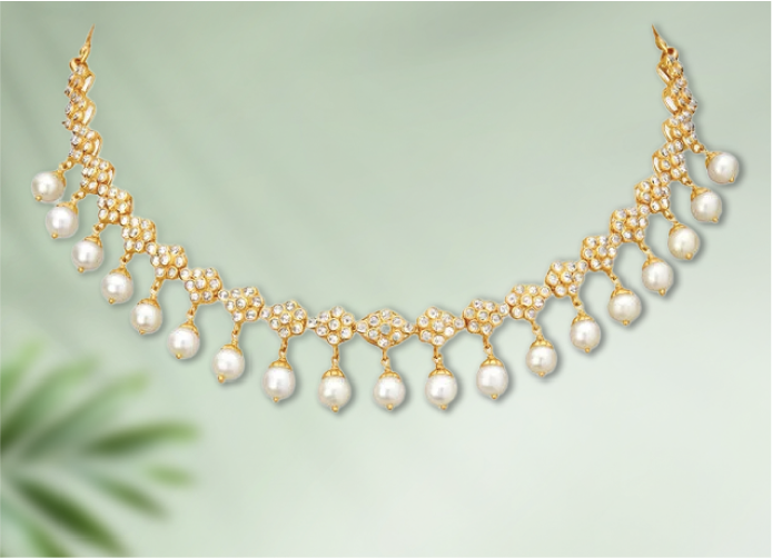 fanciable floral design pearl studded gold necklace set